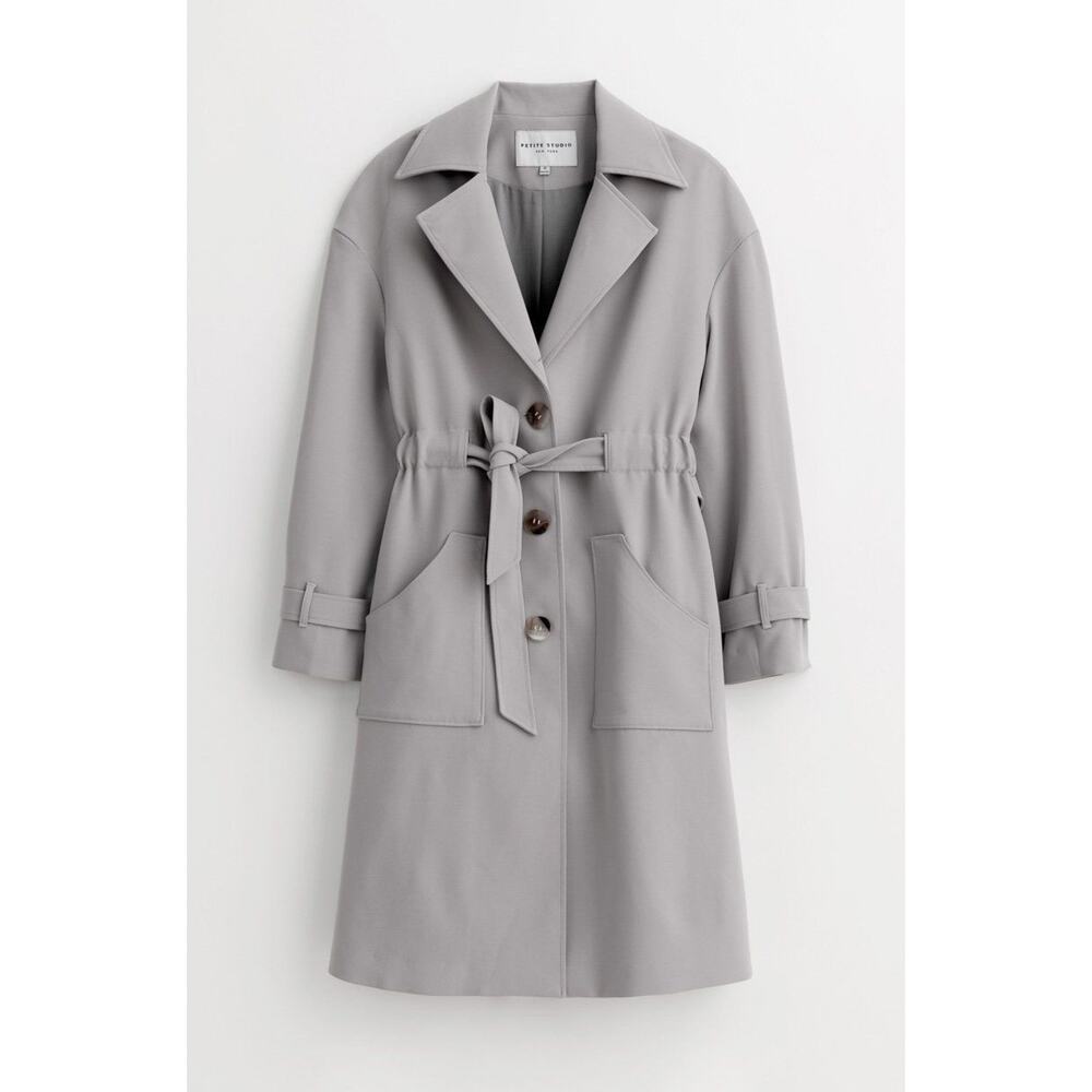 Petite Studio New York NY Darcy Stone Gray Belted Trench Coat Jacket Size XS